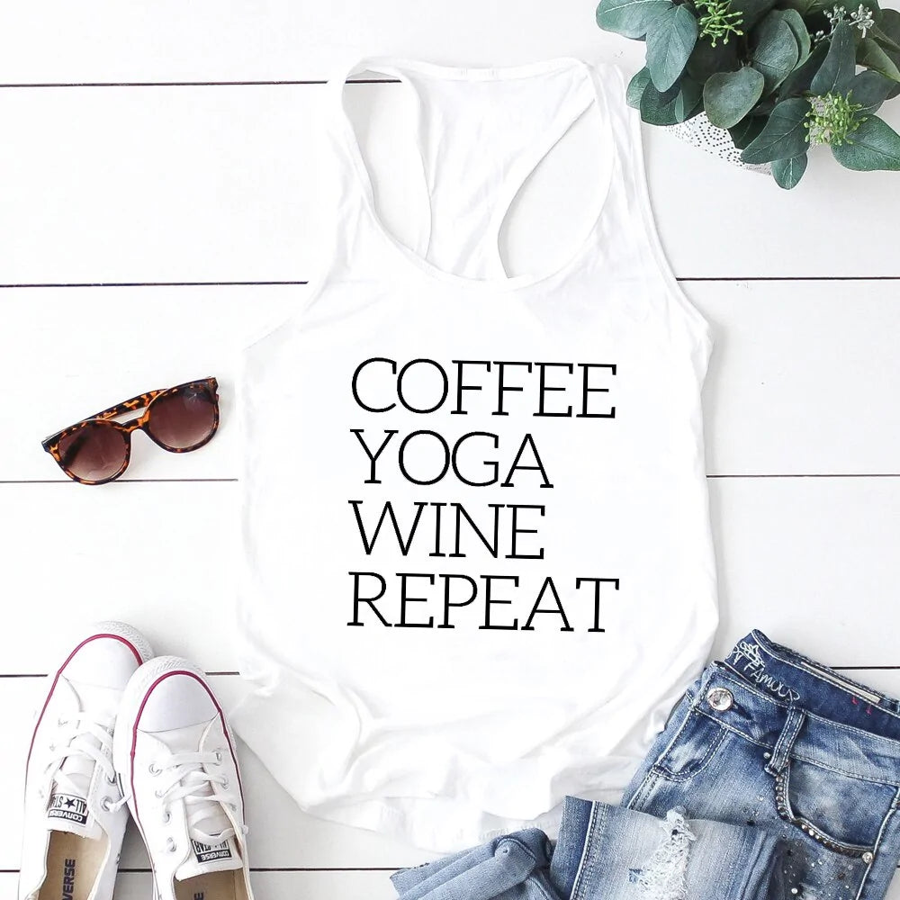 Repeat Coffee, Yoga, Wine: Women's Funny Racerback Tank for Gym and Summer Workouts